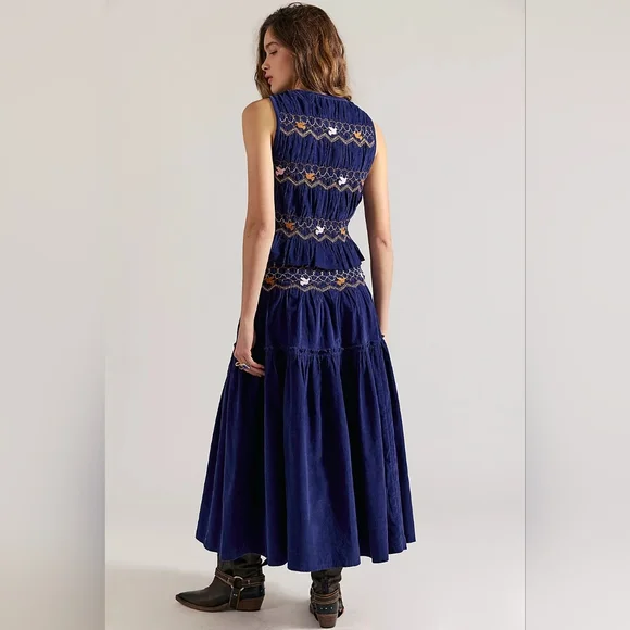 NWT! Free People Terra Smocked Maxi Skirt Set (M), Blue, Corduroy - Picture 3 of 16